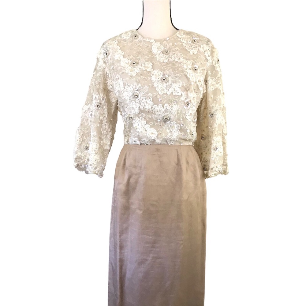 SOLD Vintage 60s Hall Ludlow Gown Sequins Lace Organza Cream Beige Wedding Dress - Picture 3 of 16